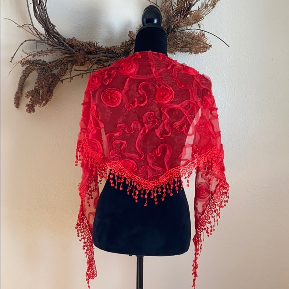 Red vibrant floral and lace shrug scarf